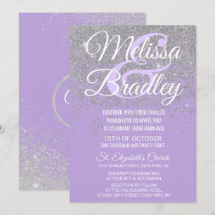 Silver Glitter Sparkles Mörk Lavender Bröllop Inbjudningar
