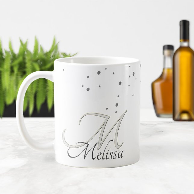 ✨ Silver Glitter Sparkles Namn och Monogram Kaffemugg (✨ Silver Glitter Sparkles Name and Monogram Coffee Mug
)