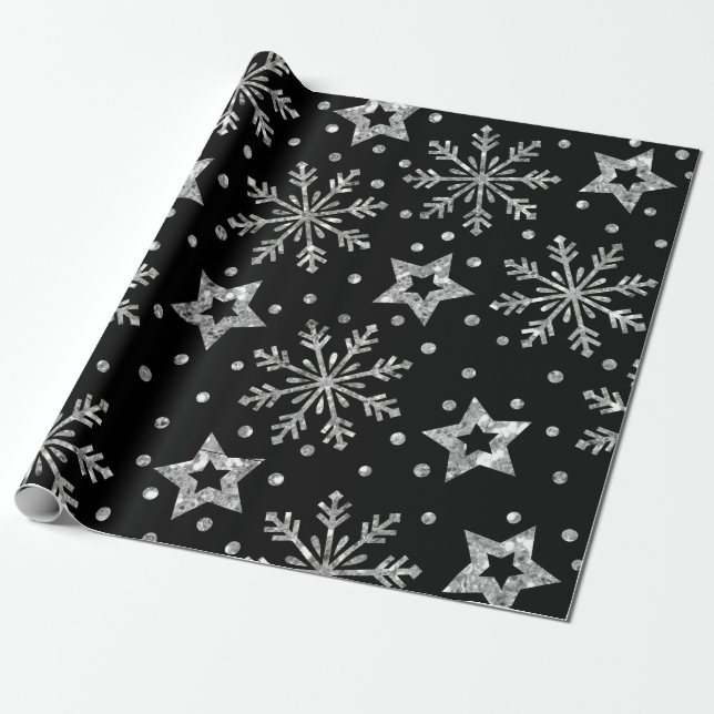 Silver Glitter Stars & Snöflingor Presentpapper (Utrullad)