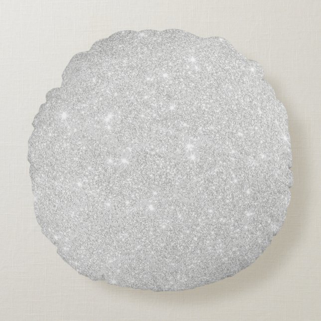 Silver Glitter Struktur White Sparkling Shiny Rund Kudde (Framsidan)