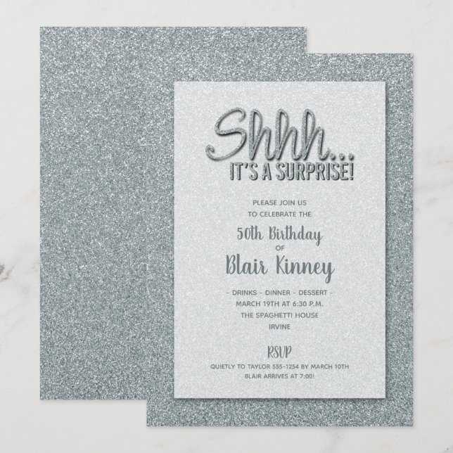 Silver Glitter SURPRISE Birthday Inbjudningar (Fram/baksida)