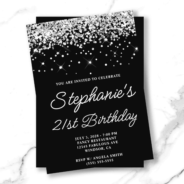Silver Glitter Svart 21-årsdag Inbjudningar (Silver Glitter Black 21st Birthday Invitation)