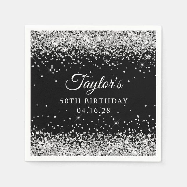 Silver Glitter Svart 50-årsdag Pappersservett (Framsidan)