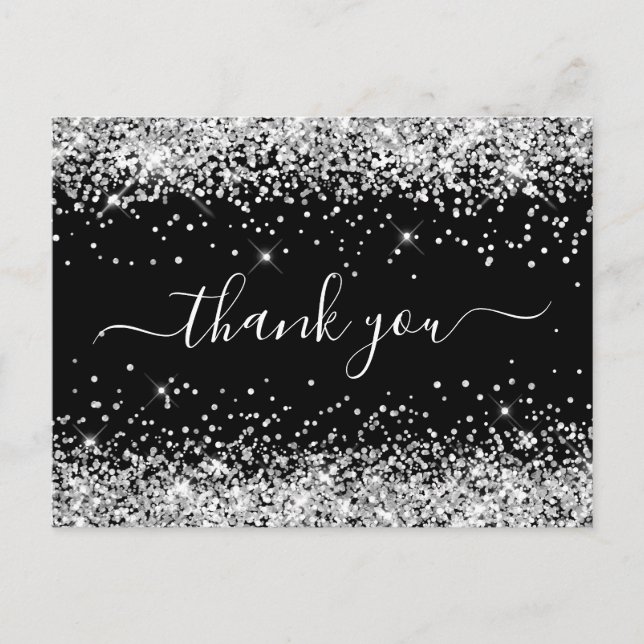 Silver Glitter Svart Baby Shower Tackkort Vykort (Framsida)