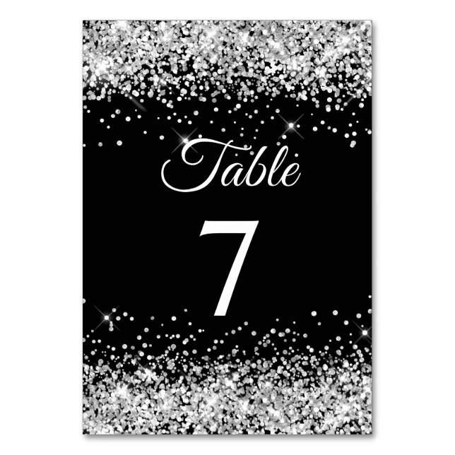 Silver Glitter Svart Elegant Kalligrafi Bordsnummer (Framsidan)