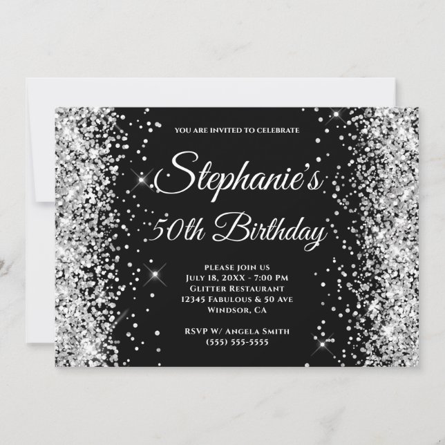 Silver Glitter Svart Fancy Monogram Inbjudningar (Framsida)