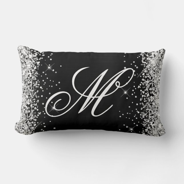 Silver Glitter Svart Folie Monogram Lumbarkudde (Framsida)