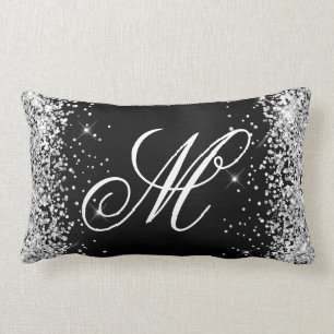 Silver Glitter Svart Folie Monogram Lumbarkudde