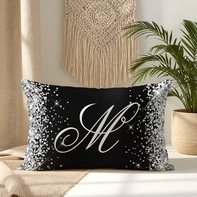 Silver Glitter Svart Folie Monogram Lumbarkudde (Silver Glitter Black Foil Fancy Monogrammed Lumbar Pillow)