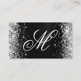 Silver Glitter Svart Folie Snygg Monogram Visitkort