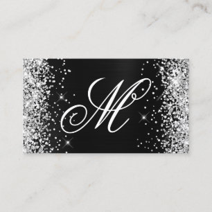 Silver Glitter Svart Folie Snygg Monogram Visitkort