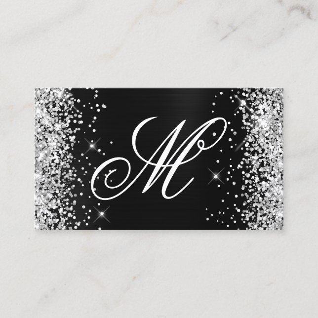 Silver Glitter Svart Folie Snygg Monogram Visitkort (Framsida)