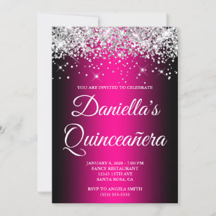 Silver Glitter Svart Magenta Ombre Quinceañera Inbjudningar