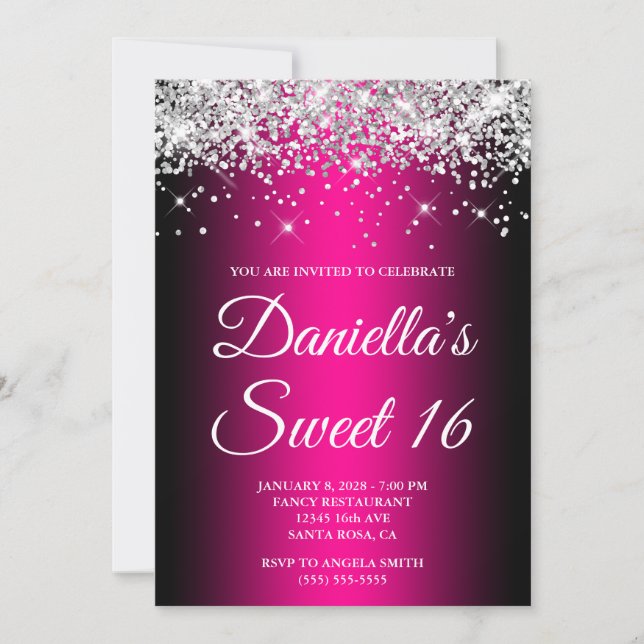 Silver Glitter Svart Magenta Ombre Sweet 16 Inbjudningar (Framsida)