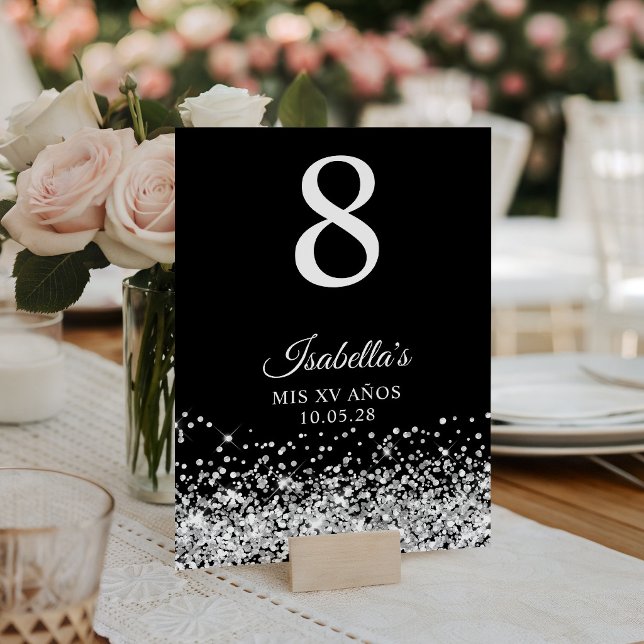 Silver Glitter Svart Mis XV År Bordsnummer (Silver Glitter Black Mis XV Anos Table Number)