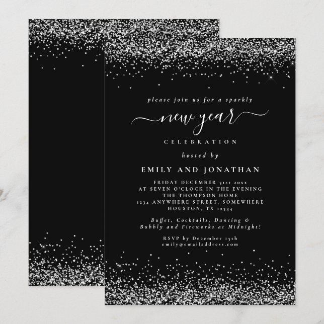 Silver Glitter, svart Nyårsafton, Party Inbjudningar (Fram/baksida)