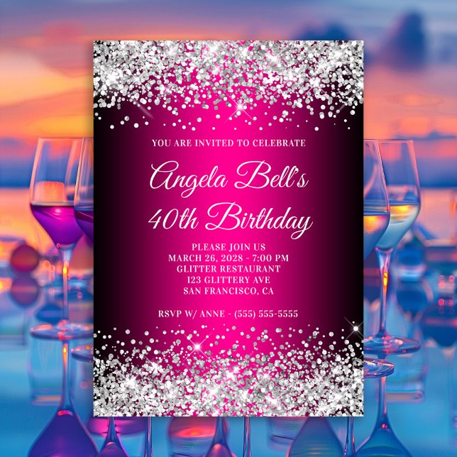 Silver Glitter Svart och Hot Pink 40-årsfirande Inbjudningar (Silver Glitter Black and Hot Pink 40th Birthday Invitation)