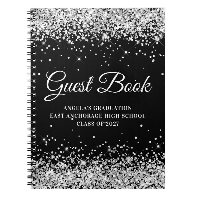 Silver Glitter Svart Studentexamen Gäst Anteckningsbok (Framsidan)