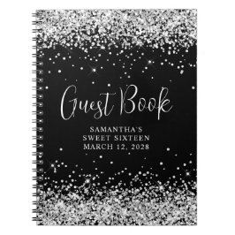 Silver Glitter Svart Sweet 16 Födelsedagsgästbok Anteckningsbok