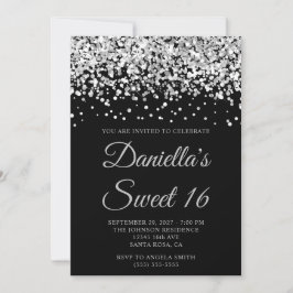 Silver Glitter Svart Sweet 16 Inbjudningar
