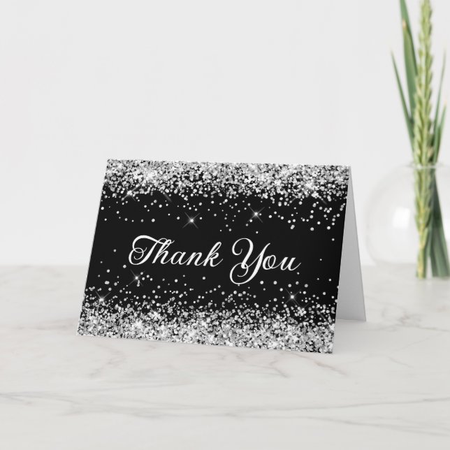 Silver Glitter Svart Tack Kort (Framsida)