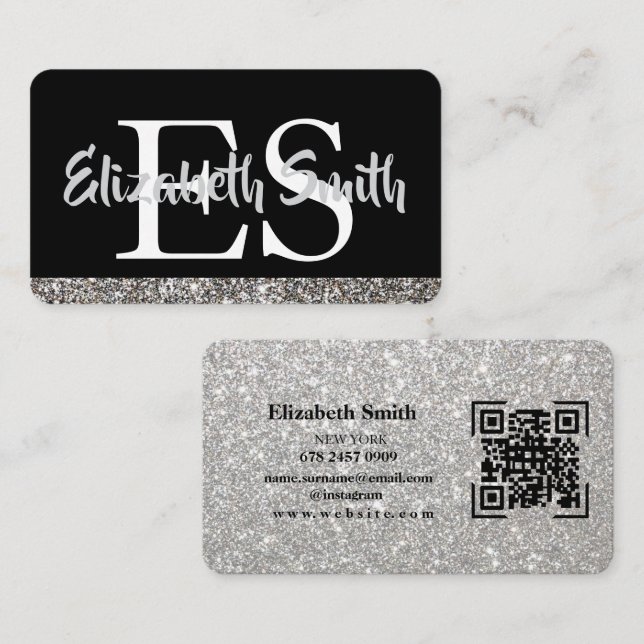 Silver Glitter Svartvit Affärskort Visitkort (Fram/baksida)