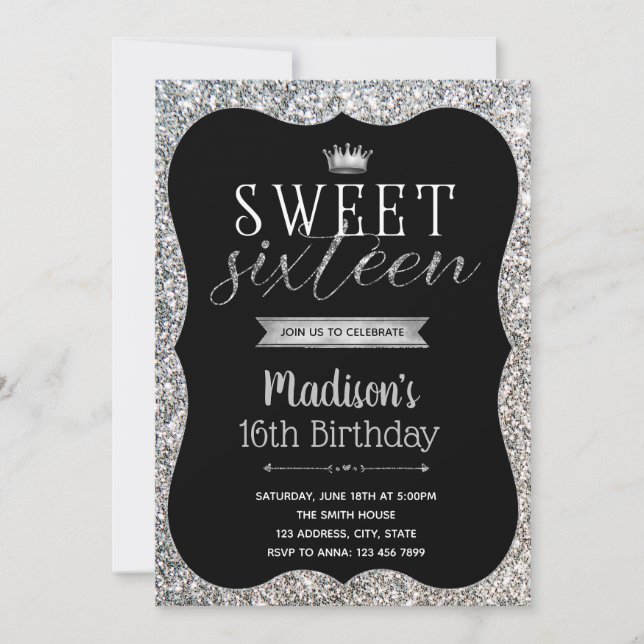 Silver Glitter Sweet 16-partsinbjudan Inbjudningar (Framsida)