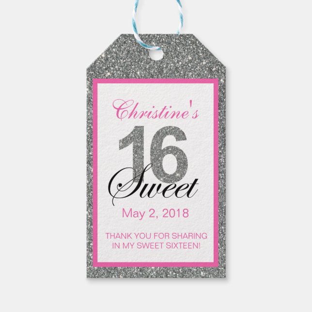 Silver Glitter Sweet 16 Party Favor | MÄRKRE Presentetikett (Framsidan)