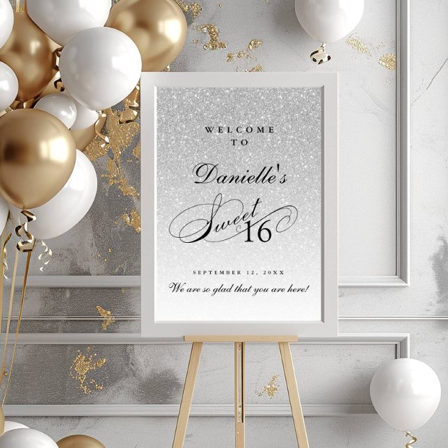 Silver Glitter Sweet 16 Personliger Välkommen Poster (Skapare uppladdad)