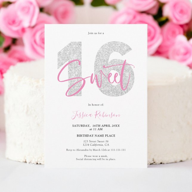 Silver glitter Sweet 16-skriptfotonummer Inbjudningar (Silver glitter Sweet 16 script photo birthday Invitation)