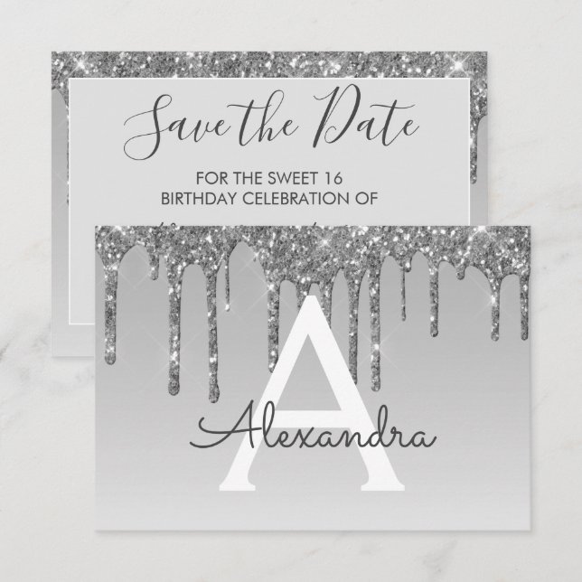 Silver Glitter Sweet 16 Spara datumet Inbjudningar (Fram/baksida)