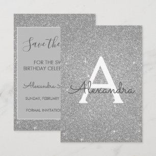 Silver Glitter Sweet 16 Spara datumet Inbjudningar
