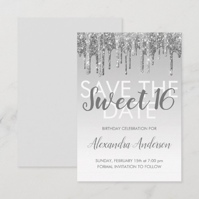 Silver Glitter Sweet 16 Spara datumet Inbjudningar (Fram/baksida)