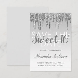 Silver Glitter Sweet 16 Spara datumet Inbjudningar
