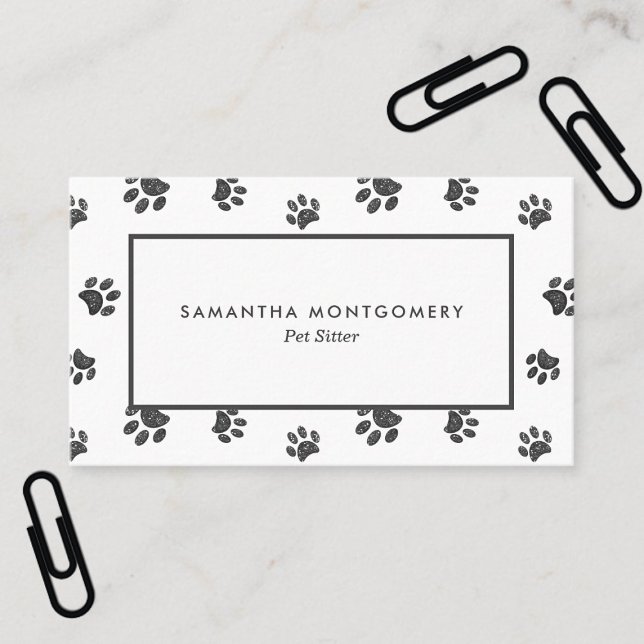 Silver Glitter Tass avtryck Professionell Pet Sitt Visitkort (Silver Glitter Paw Prints Professional Pet Sitter Business Card)