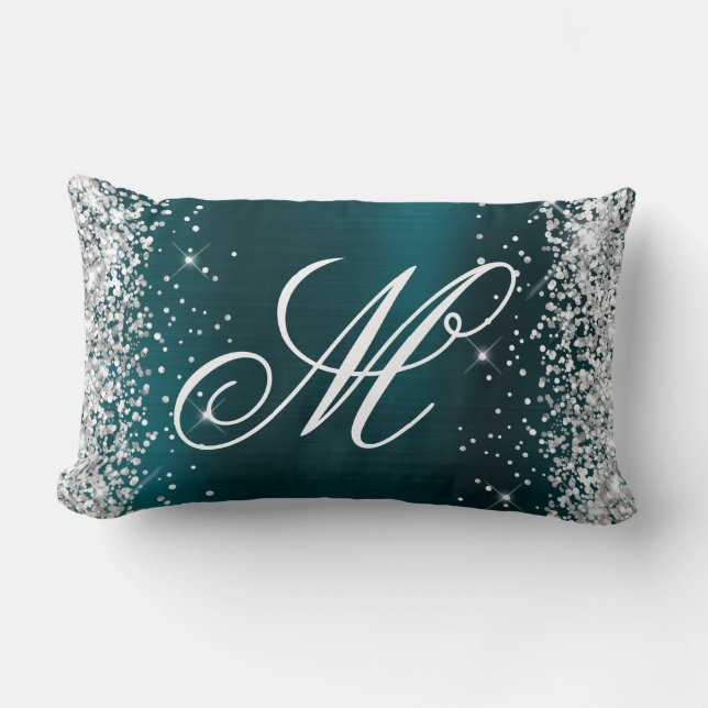 Silver Glitter Teal Blå Folie Fancy Monogram Lumbarkudde (Framsida)