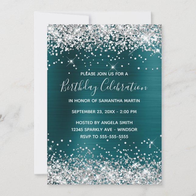 Silver Glitter Teal Blue Foil Birthday Firman Inbjudningar (Framsida)