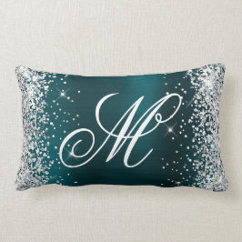 Silver Glitter Teal Blue Foil Finare Monogramme Lumbarkudde