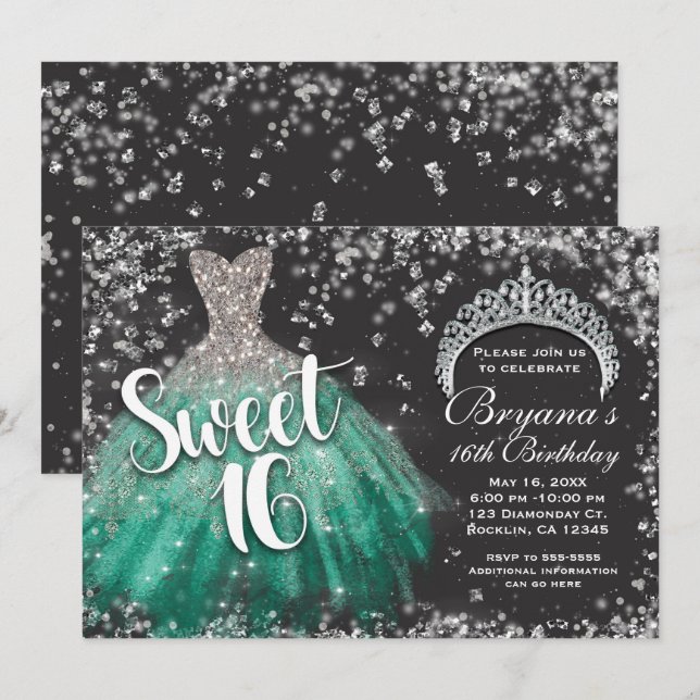 Silver Glitter Teal Dräkt Tiara Mörk Sweet 16 Inbjudningar (Fram/baksida)