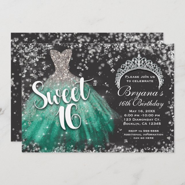 Silver Glitter Teal Dress Tiara Mörk Sweet 16 Inbjudningar (Fram/baksida)