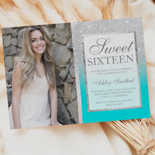 Silver glitter teal ombre-foto Söt 16 Inbjudningar (Skapare uppladdad)