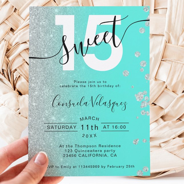 Silver glitter teal Quinceanera-fotomos quince Inbjudningar (Skapare uppladdad)