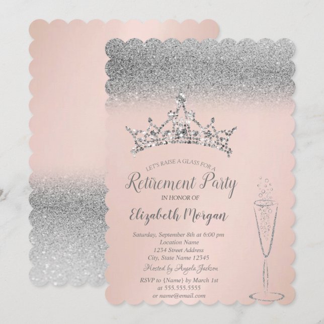 Silver Glitter Tiara Vinglas Pension  Inbjudningar (Fram/baksida)