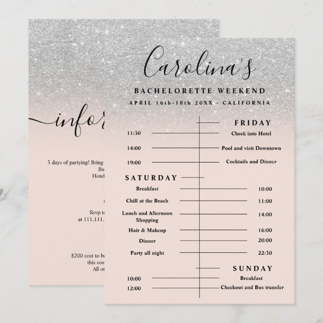 Silver glitter-tidslinjen bachelorette helg inbjudningar (Fram/baksida)