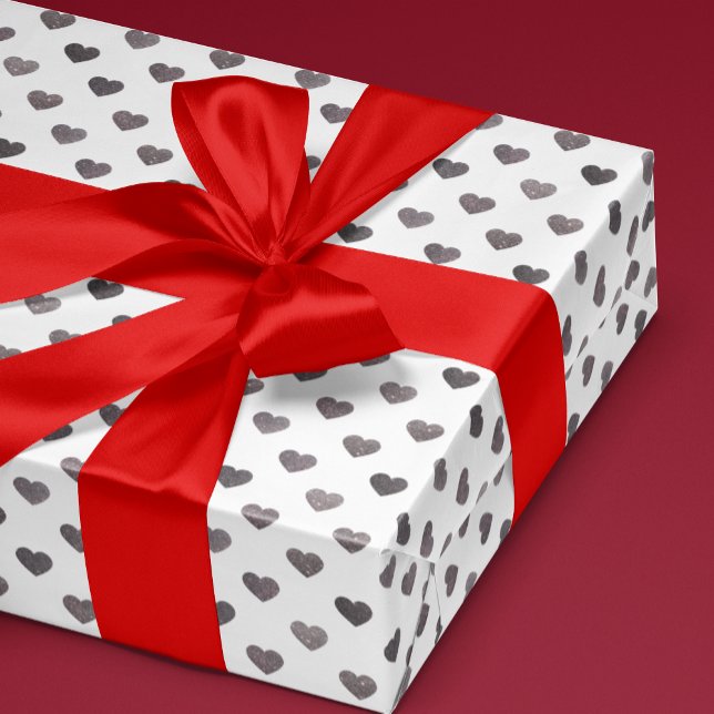 Silver Glitter Tiny Heart Patternated Wrapping Pap Presentpapper (small silver hearts with a faux glitter texture on white gift wrap for Valentine's Day gifting)