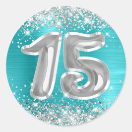 Silver Glitter Turcoise Blue Number 15 Birthday Runt Klistermärke