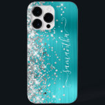 Silver Glitter Turcos Blue Girly Namnteckning<br><div class="desc">Den glupskt faux-glatta silver-glitter lyfter på den lämnat kant över en faux aqua och turkosa blå fläckad metall-folie. Det moderna,  gigantiska namnteckning teckensnittet har ett elegant vitt kalligrafteckensnitt med dekorativt svan. Anpassa typsnittet stilar för att skapa egna mobila växlar.</div>