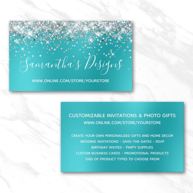 Silver Glitter Turkos Blå Blur Webbutik Visitkort (Silver Glitter Turquoise Blue Blur Online Store Business Card)