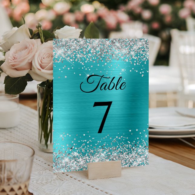 Silver Glitter Turkos Blå Folie Elegant Bordsnummer (Silver Glitter Turquoise Blue Foil Elegant Table Number)