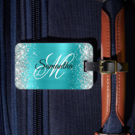 Silver Glitter Turkos Blå Folie Fancy Monogram Bagagebricka